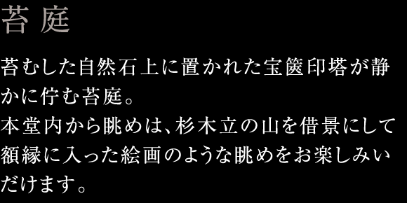 苔庭：苔むした自然石上に置かれた宝篋印塔が静かに佇む苔庭。本堂内から眺めは、杉木立の山を借景にして額縁に入った絵画のような眺めをお楽しみいだけます。